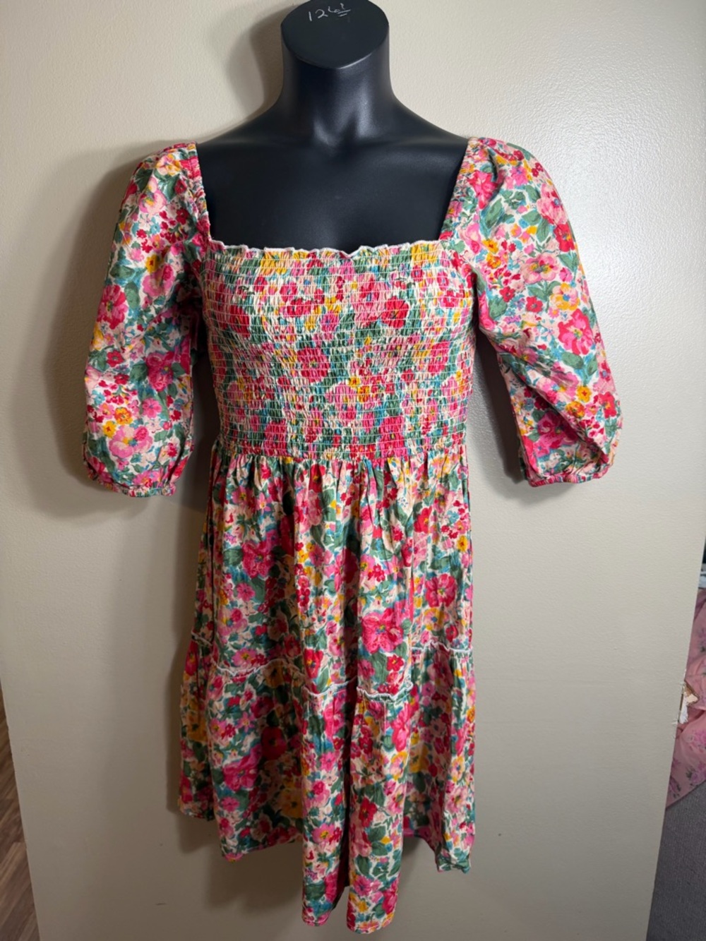 Kings Road Floral Smocked Puff Sleeve Cottagecore Babydoll Mini Dress M